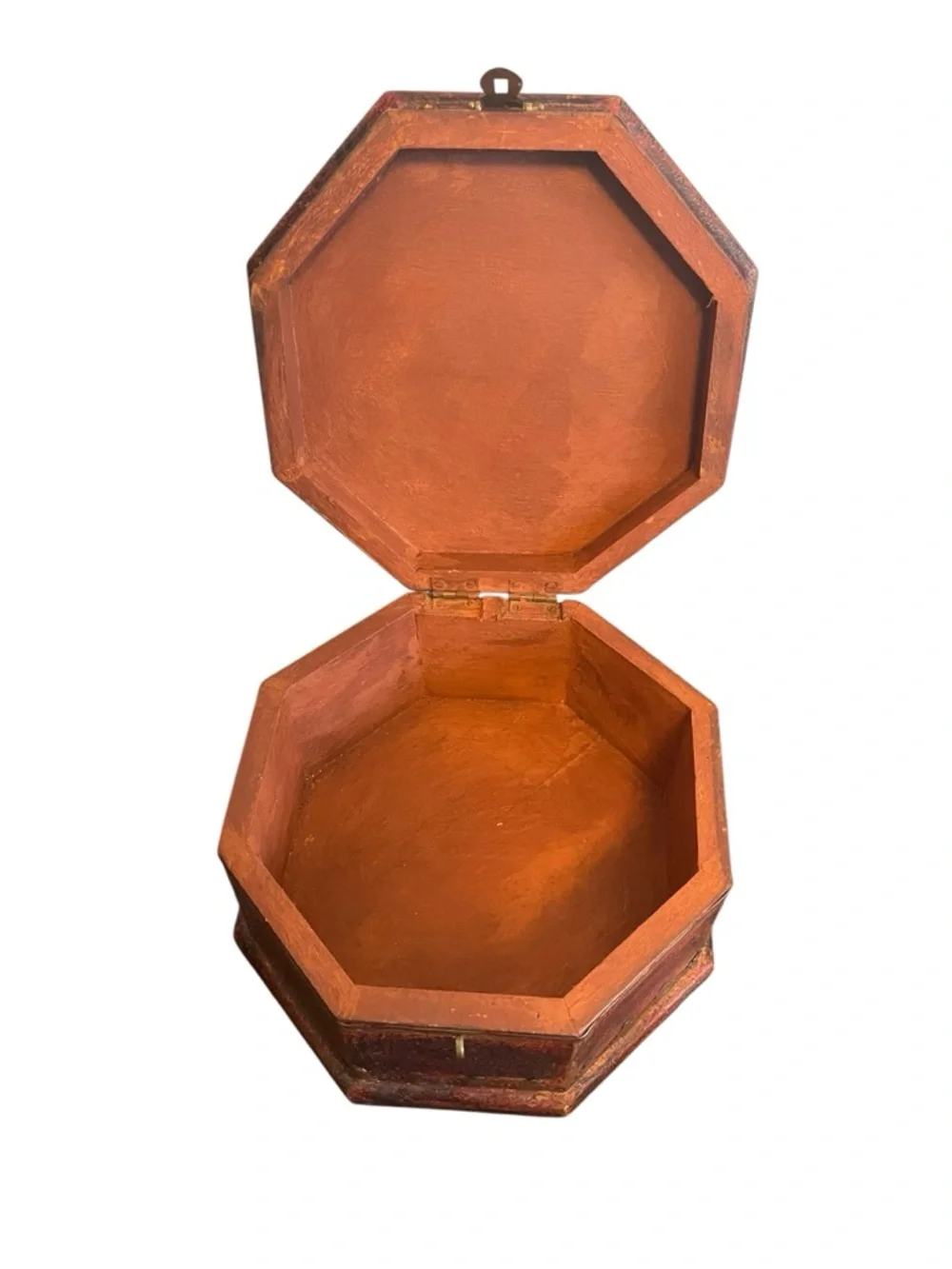 Vintage Red Octagonal Wooden Keepsake Box Brass Studded Jewelry Chest Distressed
